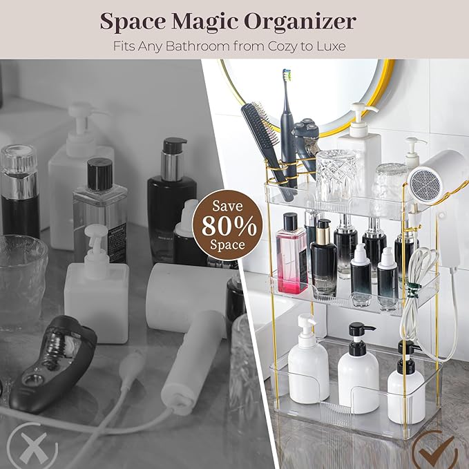 Bathroom Counter Organizer Countertop, 3 Tier Makeup Perfume Storage with Hair Dryer Rack and Toothbrush Holder, Cosmetic Tray for Vanity - Clear