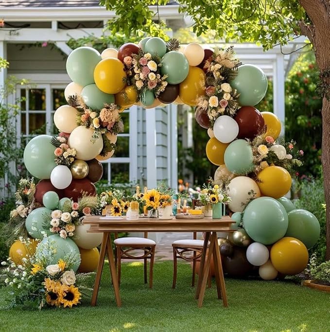 Green Brown Balloon Arch Double Stuffed Latex Sage Green White Gold Balloons Mustard Yellow White Balloon Garland For Birthday Baby Shower Safari Jungle Wooland Garden Theme Party Decor