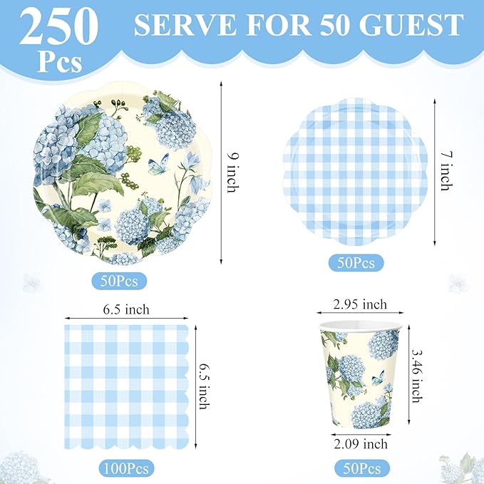 Pickmesh 250 Pcs Blue Hydrangea Party Supplies Blue Floral Gingham Checkered Paper Plates Napkins and Cups Hydrangea Disposable Tableware Set for Summer Wedding Birthday Tea Party Decorations Serve 50