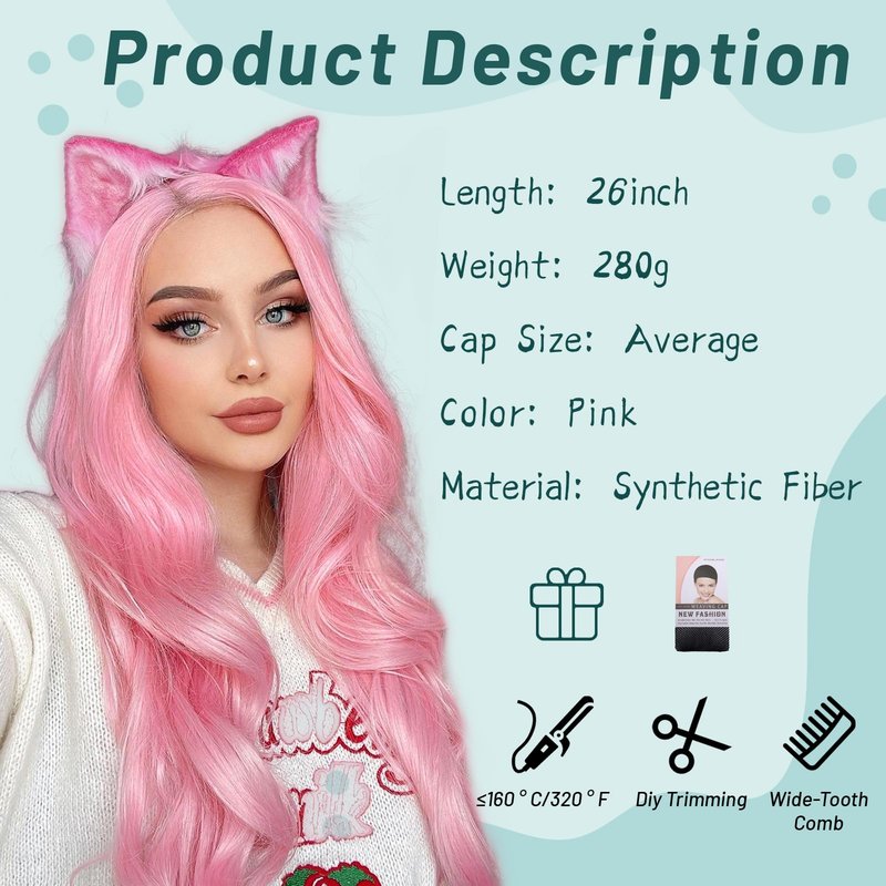 YESEGO Halloween Long Pink Wigs 26 Inch Curly Wigs for Women Wavy Middle Part Natural Looking Synthetic Lace Front Wig for Daily Cosplay Party Use, Pink