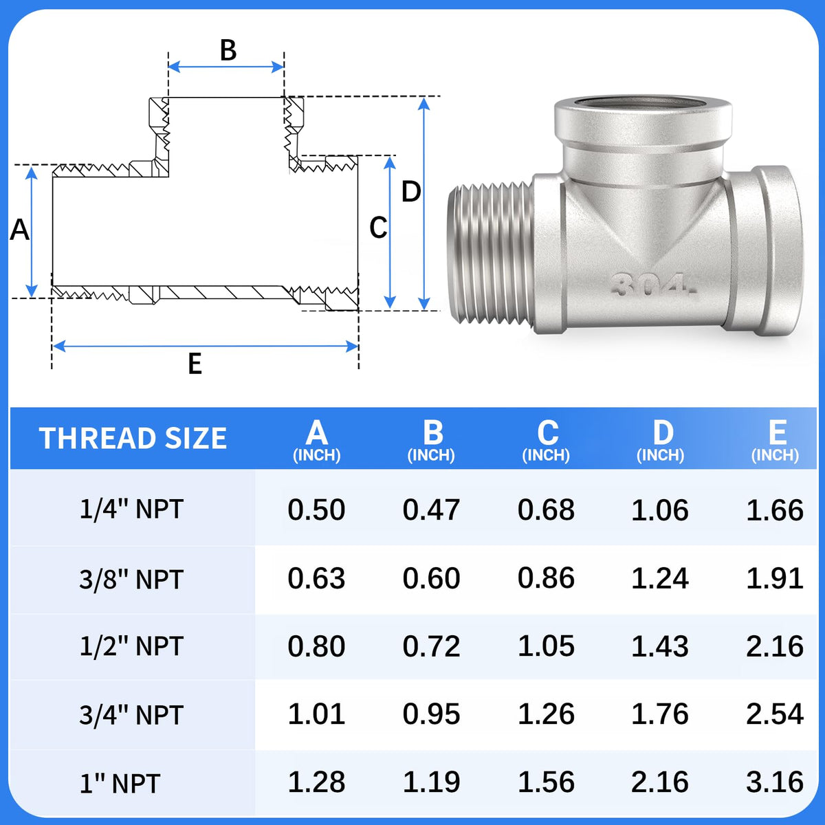 ChillWaves 304 Stainless Steel Pipe Fitting, Male Run Tee 1/2" NPT Female x 1/2" NPT Female x 1/2" NPT Male Thread Adapter(2-PACK)