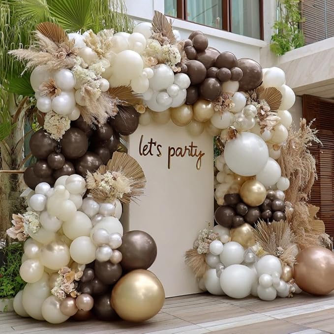 Brown White Balloon Garland Double Stuffed Dark Brown Beige Sand White Pearl Gold Balloon Arch Kit for Neutral Baby Shower Birthday Wedding Woodland Teddy Bear Party Decorations