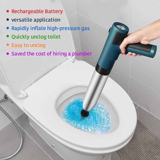 Electric Toilet Plunger ，Hair Drain Clog Remover,High Pressure Air Toilet Plungers, Heavy Duty Plunger For Toilet,Drain,Bathroom,Floor Drain,Sewer,Pipe，built-in battery, BLUE