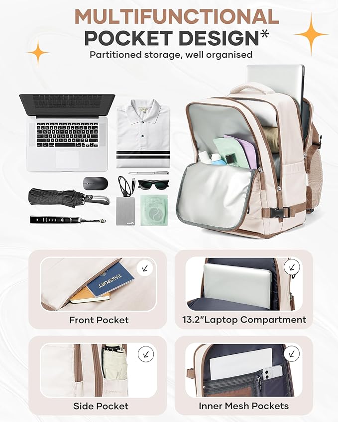 Travel Backpack Carry on Flight Approved Mochila De Viaje Personal Item Backpack for Airlines Frontier Airlines Personal Item Bag Large Backpack for Travel Backpacks for Men Women Beige with Brown