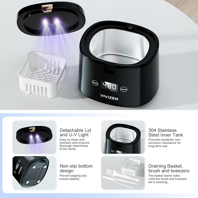 Ultrasonic Retainer Cleaner Machine Sonic Dental Cleaning Machine for Dentures, Aligners, Braces, Mouth Guards, Jewelry, Portable 30W/45kHz (Black)