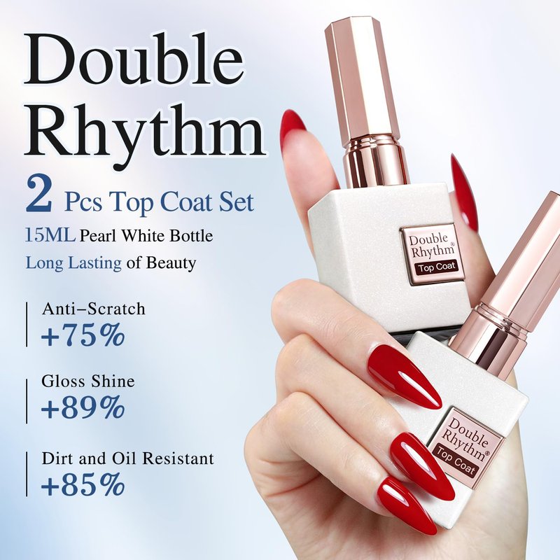 Double Rhythm 2 Pcs 15ML No Wipe Gel Top Coat and Base Coat Set Clear Glossy Gel Polish Kit (2Pcs Top Coat)