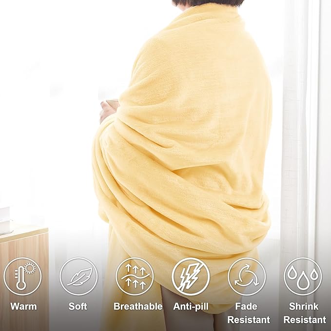 Hansleep Fleece Cream Yellow Throw XL Blanket, Super Soft Flannel Fuzzy Plush Cozy Blanket for All Seasons, Cream Yellow, Throw XL 50x70 Inches