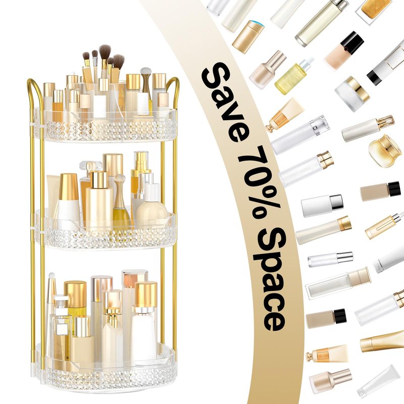 BOCONY Rotating Makeup Organizer for Vanity 3 Tier, Perfume Organizer with Makeup Brush Holder, Large Capacity Cosmetics Clear Skincare Organizer for Countertop (Transparent)