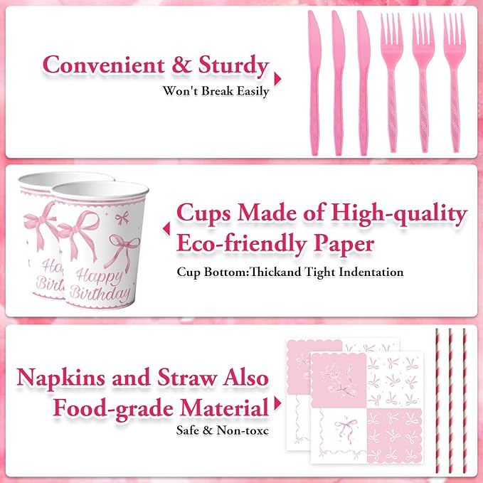 Pink Bow Party Supplies Tableware Sets,Includes Disposable Plates, Napkins, Cups,Straws,Cutlery, Balloons, Banner, and Tablecloth for Party Baby Shower Birthday Decorations,Serves 20
