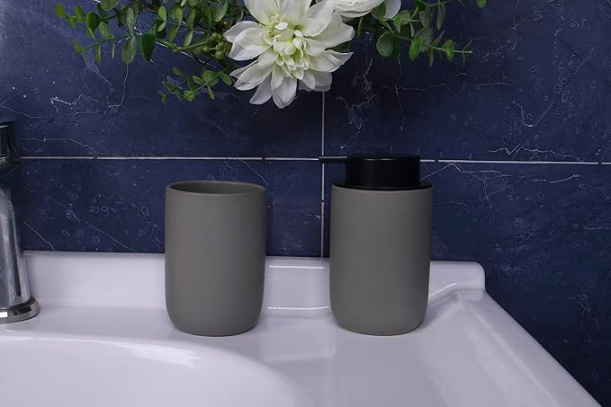 Ceramic Toothbrush Holders for Bathrooms, 8 oz Matte Tooth Brushing Dispenser, Small Tooth Brush Organizer for Vanity Countertop, Toothpaste Storage Stand, Tumbler Cup for Makeup Brushes-Black