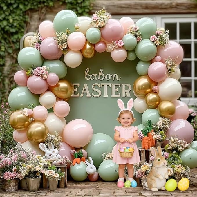 Dusty Green Pink Balloon Arch Double Stuffed Pastel Baby Pink Light Green White Cream Balloon Metallic Gold Latex Balloons for Baby in Bloom Bridal Shower Birthday Wedding Easter Party Decorations