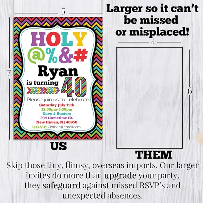 Custom Birthday Invitations 40th Birthday Invitation 50 5x7 Custom 40 Party Invitation Cards With Envelopes - Unique 40th Party Invitations Hilarious Holy &*$% Theme
