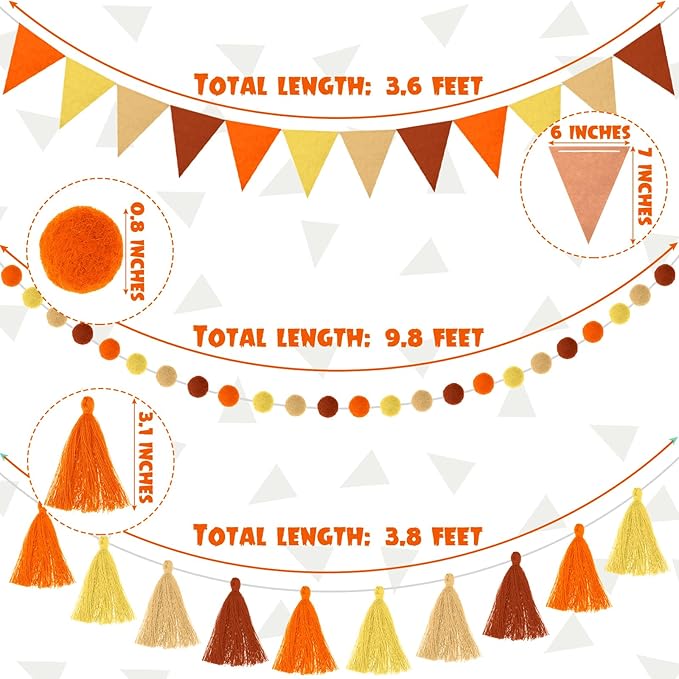 Irenare 9.8ft Pom Pom Garland Felt Rainbow Garland Graduation Party Decoration Colorful Pennant Tassel Banner Birthday Baby Shower Triangle Banner for Classroom School Mantel Fireplace(Autumn Colors)