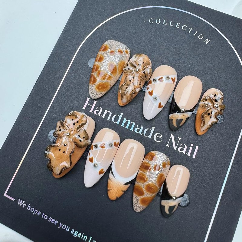 100% Handmade Press on Nails Fall Medium Almond Handmade Nails with Rhinestone Flower Charm Design Brown False Nails Leopard Print Nail Press ons Reusable Acrylic Nail for Women Girls Size L 10Pcs