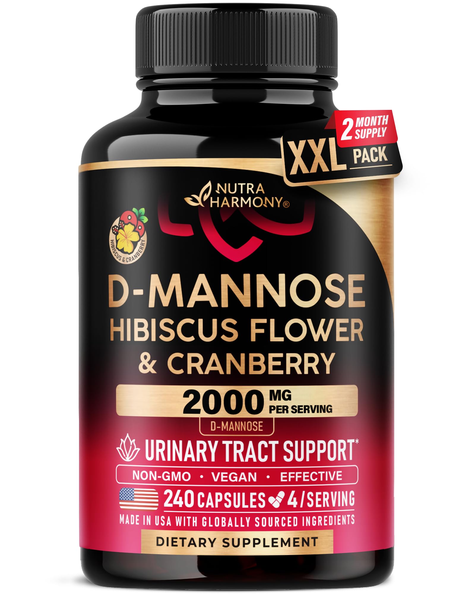 D-Mannose 2000mg with Cranberry & Hibiscus - Clinically Tested Strength for Urinary Tract Health - Supplement for Women - Bladder, Liver & Microflora Support - Lab Tested - Vegan, 240 Capsules