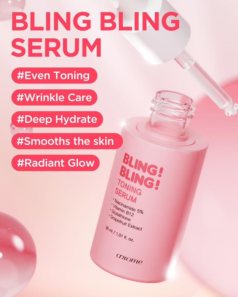 A'SOME Bling Bling Toning Serum Korean Advanced Facial Serum with 5% Niacinamide for Radiant Complexion, Vegan Gel Formula with Hyaluronic Acid & 10 Vitamins, Dermatologist Tested, 1.01 fl.oz.