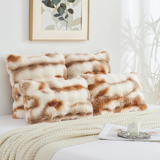 FUTEI Brown White Decorative Throw Pillow Covers 18x18 Inch Set of 2,Soft Fuzzy Faux Rabbit Fur Cushion Covers with Raised Texture,Neutral Boho Home Decor for Couch Bed Living Room