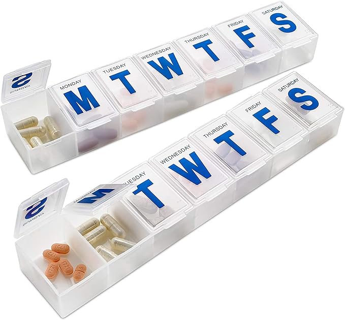 Weekly Pill Organizer - (Pack of 2) Extra Large Vitamin Container with Jumbo Easy to Read Letters, BPA Free - Daily Travel 7 Day Medication Pill Box Case