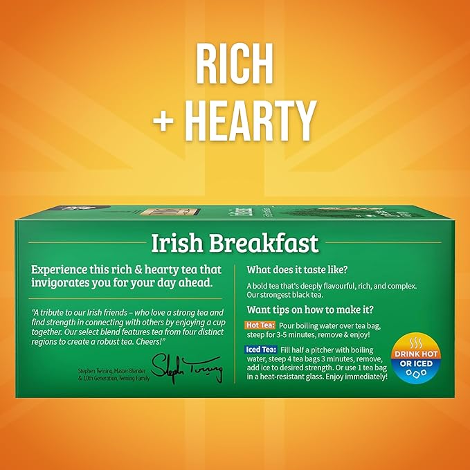 Twinings Irish Breakfast Black Tea Individually Wrapped Bags, 100 Count (Pack of 1), Flavourful, Bold, and Robust, Caffeinated, Enjoy Hot or Iced, 100 Teabags