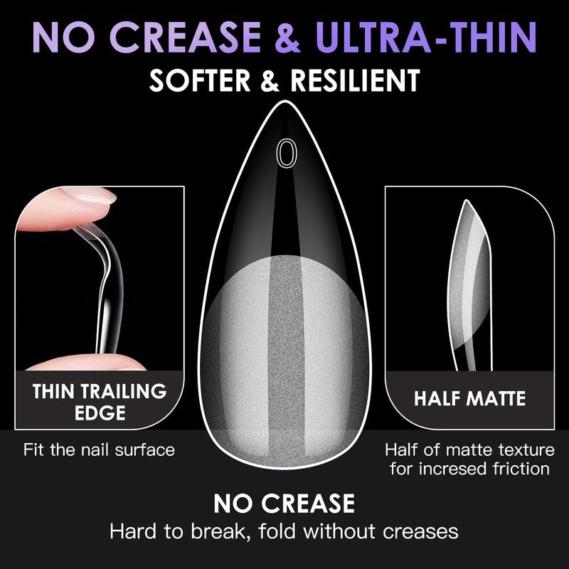 Medium Stiletto Soft Melous 600PCS Pre Buff Full Cover Half Matte Gel Nail Tips
