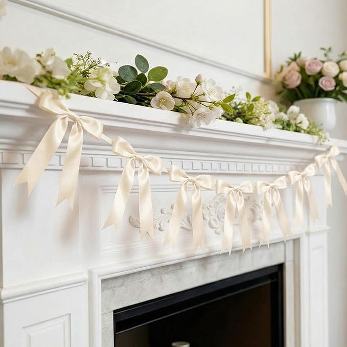 2 Strings Cream Bow Garland Banner Decorations, 16Pcs Pre-Strung Satin Ribbon with 6.7ft Chain for Ivory White Ribbon Bow Coquette Room Birthday Baby Bridal Shower Wedding Bachelorette Party Decor