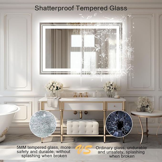 WTTY LED Bathroom Mirror 40"x30" with Back and Front Light,Modern LED Mirror for Bathroom,Stepless Dimmable Lighted Bathroom Vanity Mirror with Anti-Fog,Memory Function,Shatter-Proof