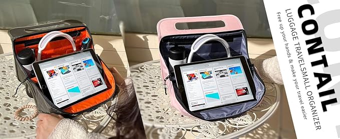 CONTAIL 13 Inch 3L 4-in-1 Travel Essentials Organizer, Small Business Handbag, Suitcase Drink Holder,Phone Tablet Holder,Airport Accessories Storage,Pink