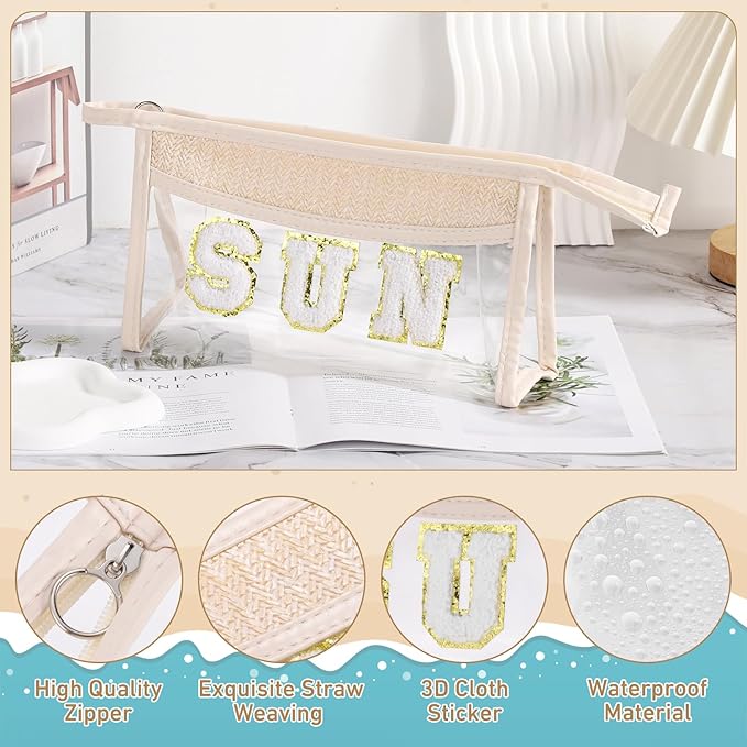 Etercycle Boho Patch SUN Cosmetic Bag, Transparent PVC Travel MakeUp Pouch Waterproof Toiletry Organizer, Small Chenille Varsity Letter Patch Bag Woven Makeup Bag