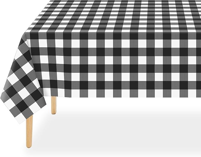 QIKSION Black Gingham Tablecloth Disposable 12 Pack, 54 x 108 Inch Black and White Checkered Table Cloth for Picnic, Outdoor BBQ Decorations, Birthday Party Supplies, Rectangle, Plastic Table Cover