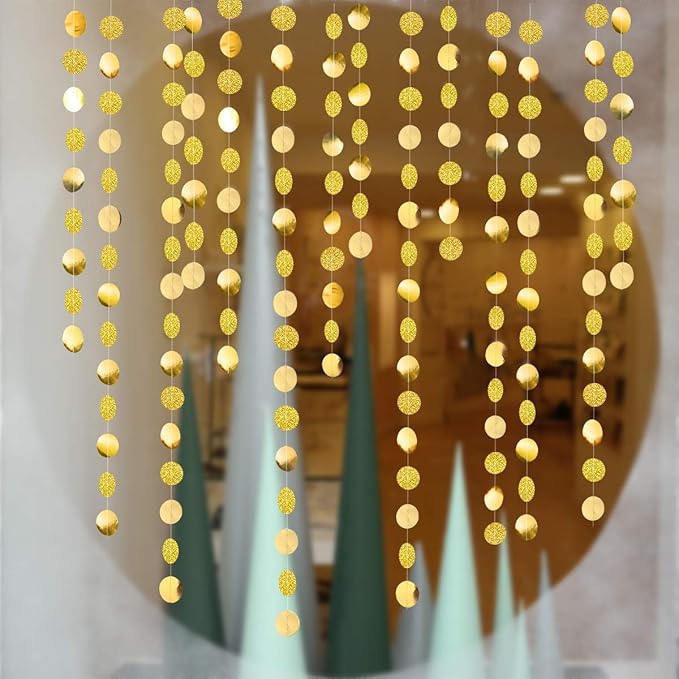 Decor365 Glitter Gold Party Decorations Glitter Golden Birthday Decoration Circle Dot Garlands Baby Bridal Shower Christmas New Year's Eve Anniversary Graduation Gold Streamer Decor