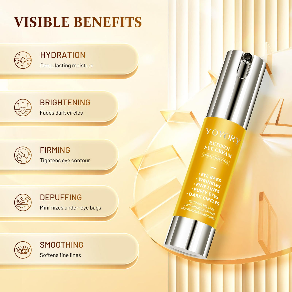 Retinol Eye Cream for Eye Bags - Rapid Under Dark Circles,Wrinkles, Fine Lines, Puffiness | Hydrating Anti-Aging Moisturizer Skin Care, Christmas gifts for Women and men 0.67 fl oz (Yellow)