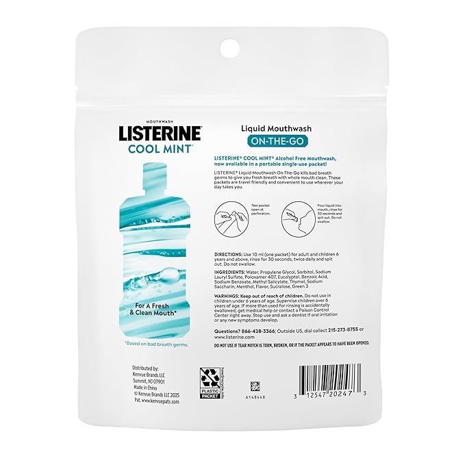 Listerine On-The-Go Cool Mint Alcohol Free Mouthwash Packets, Oral Rinse in Individual Packets Kills Bad Breath Germs, Less Intense Taste, Cool Mint Flavor, Mini Travel Size, 0.33 fl oz., 30 Pack