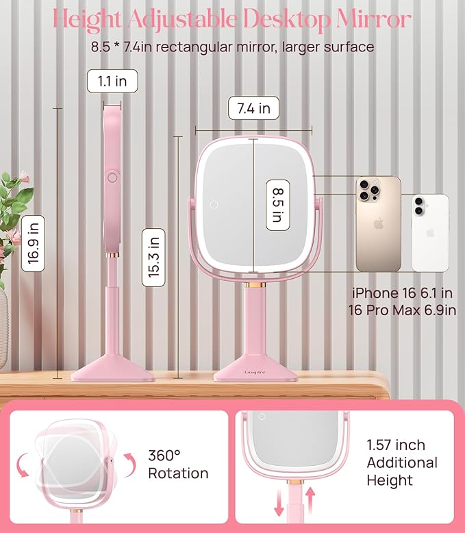 Gospire Rectangle Lighted Makeup Mirror with Lights 3 Color, Height Adjustable and 1X/10X Magnifying, 4000mAh Rechargeable Battery for Bedroom, 8.5”x7.4” Large Surface, Stepless Dimming - Pink