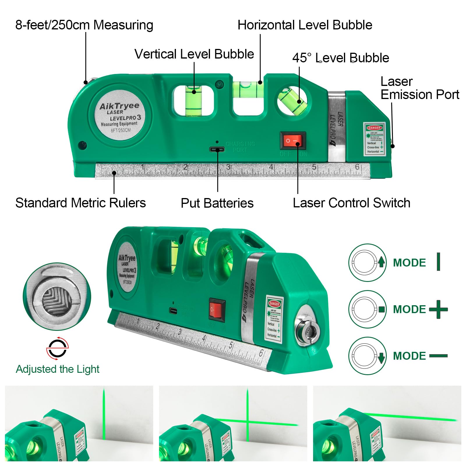 Level Tool Laser Level Leveler tool Cross Line Vertical and Horizontal Line with USB Rechargeable for Picture Hanging cabinets Tile Walls by AikTryee.