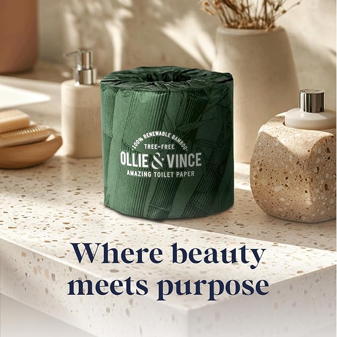 Ollie & Vince Bamboo Toilet Paper | Sustainable, Eco-Friendly, Plastic-Free & Tree-Free, Organic | 24 Rolls, 3-Ply, Soft, Strong & Septic Safe, Unscented | Premium Bathroom Tissue