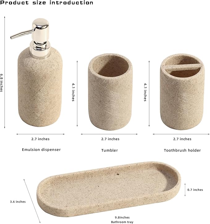 Bathroom Accessories Set, Bathroom Organizer Countertop, Soap Dispenser and Toothbrush Holder, Mouthwash Cup, Tray Set, Vanity Tray for Bathroom, 4 Pieces Modern Decor (Beige)
