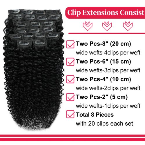24 Inch 3C 4A Curly Clip In Hair Extensions Real Human Hair 110g 8pcs Kinky Curly Clip Ins Full Head for Black Women 100% Brazilian Remy Human Hair Extensions Natural Color with 20 Clips