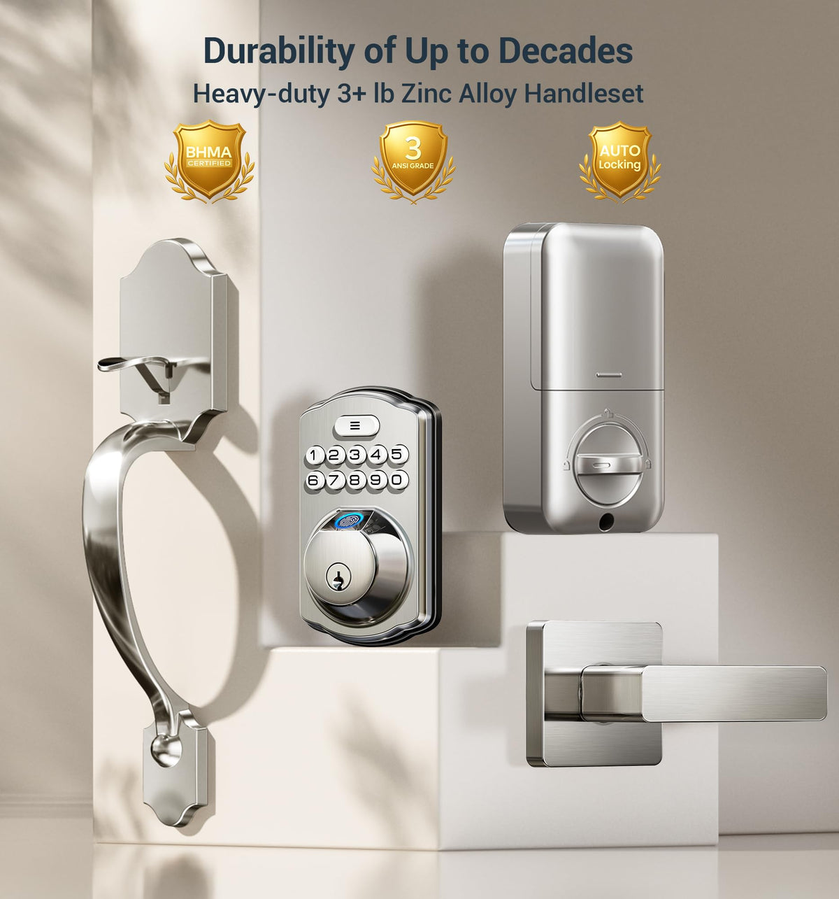 Veise Fingerprint Door Lock Set, Keyless Entry Door Lock, Front Handle Set, Electronic Keypad Deadbolt with Lever Handle, 2 Keys, Auto-Locking, One-time Codes, Easy to Install, Satin Nickel