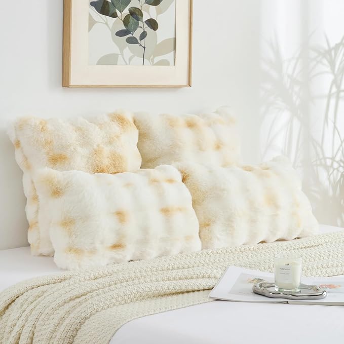 FUTEI Yellow White Decorative Throw Pillow Covers 26x26 Inch Set of 2,Soft Fuzzy Faux Rabbit Fur Euro Pillow Shams with Raised Texture,Neutral Boho Home Decor for Couch Bed Living Room