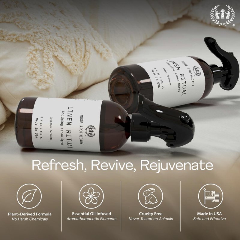 Muse Apothecary Linen Ritual - Aromatic, Soothing, and Relaxing Linen Spray for Bedding, Laundry and Fabric Spray Freshener - Infused with Aromatherapy Essential Oils - Lavender Serenity