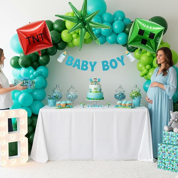 Video Game Balloon Arch Kit 138PCS Green Blue Balloon Arch Kit Pixel Theme Foil Block TNT Cube Balloons –Camo Gaming Party Decoration for Boy, Blue Green Black Garland for Gamer Birthday Game on Night