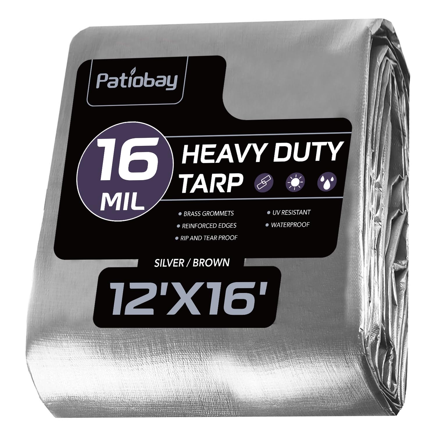 Patiobay Tarp 12x16FT, 16 Mil, Heavy Duty Waterproof Tarps with Grommets Every 23.6", 420D Thick Plastic Tarp, UV Resistant, Tear & Fade Resistant, Reinforced Edges for Outdoor Pool, Camp, Tent