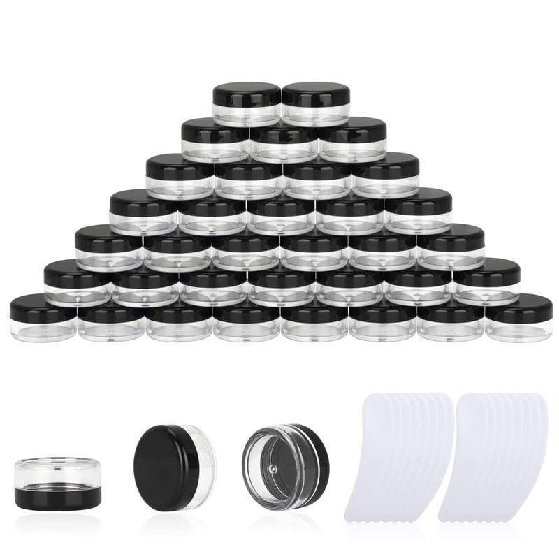 200PCS 3 Gram Sample Containers, 3ml Empty Jars with Lids, Small Cosmetic Containers, Mini Sample Jars with 16PCS Mini Spatulas for Make Up, Oils, Lotion, Powder, Paint, Jewelry, Lip Balms(Black Lid)