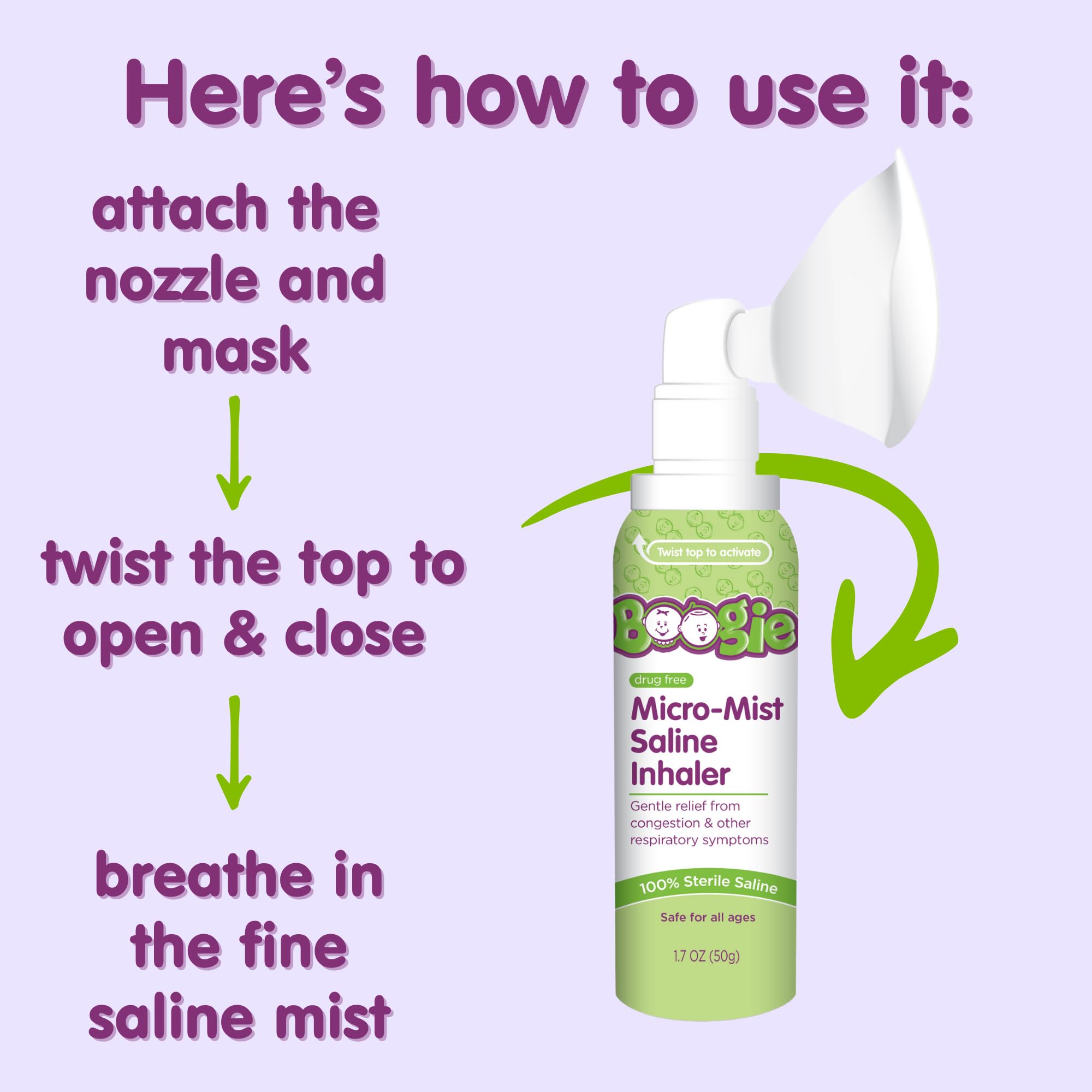 Boogie Micro-Mist Saline Inhaler, Baby Nose Congestion Relief, Nasal Spray for Kids, Pediatrician Recommended, 1.7oz Unscented - Pack of 1