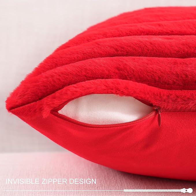 Pallene Faux Fur Plush Christmas Throw Pillow Covers 18x18 Set of 2, Luxury Soft Fluffy Striped Decorative Pillow Covers for Sofa, Couch, Living Room, Red