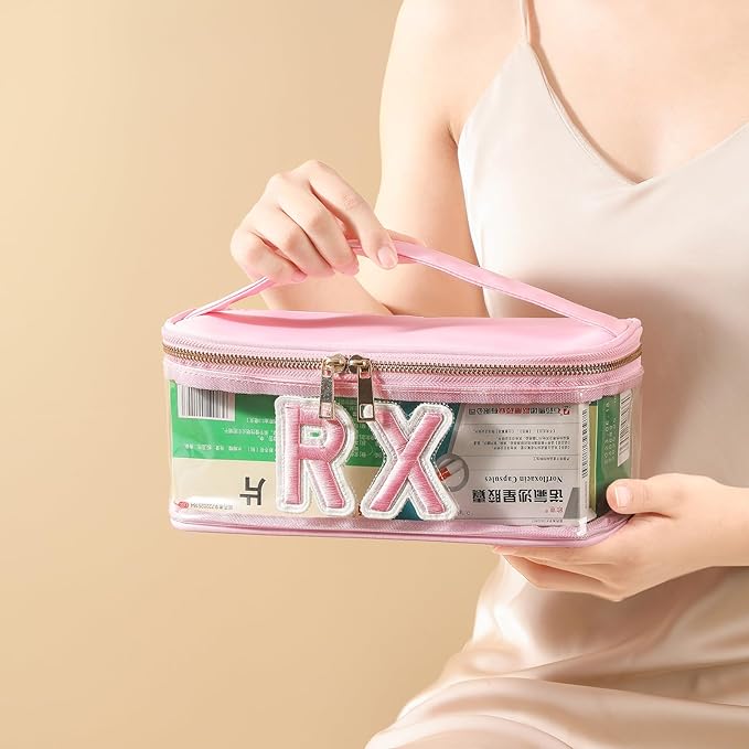 Clear PVC Letter Patch MEDS RX Makeup Bag with Metal Zipper,Large Capacity Nylon Transparent Medicine Bag with Top Handle,First Aid Travel Organizer Cosmetic Bag(04 Pink RX)
