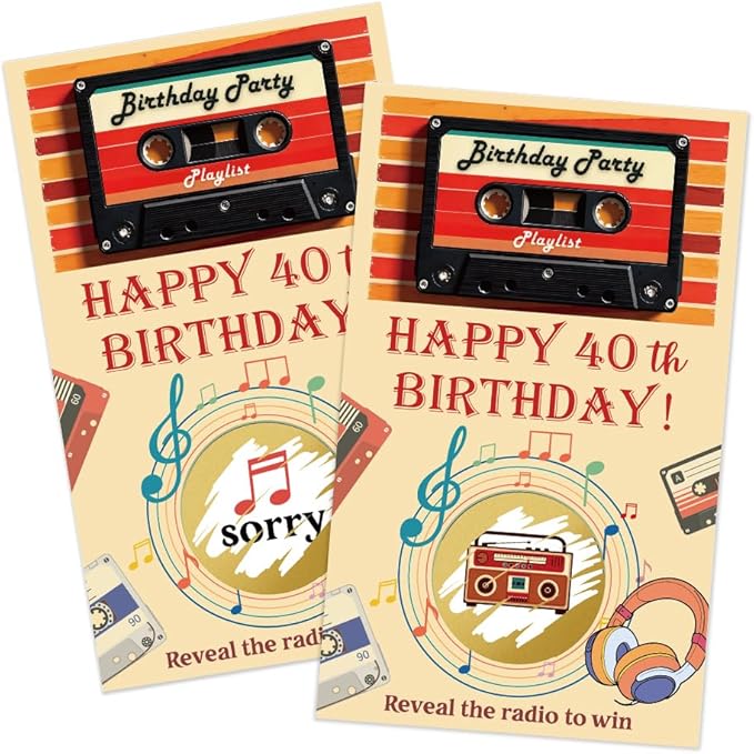 Haizct 50Pcs Happy 40Th Birthday Scratch Cards, Retro Radio Scratch off Game for Music Lover, Back To 1980s Party Supplies, Lottery Prize Raffle Ticket Group Game for Retirement Celebration Party