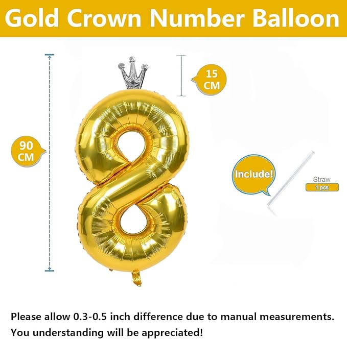 Gold Number 8 Balloon with Crown, 40 inch Gold Number Balloon 8th Birthday Party Decoration Gold Crown Balloons 0-9 for Birthday Party Anniversary Decorations Supplies