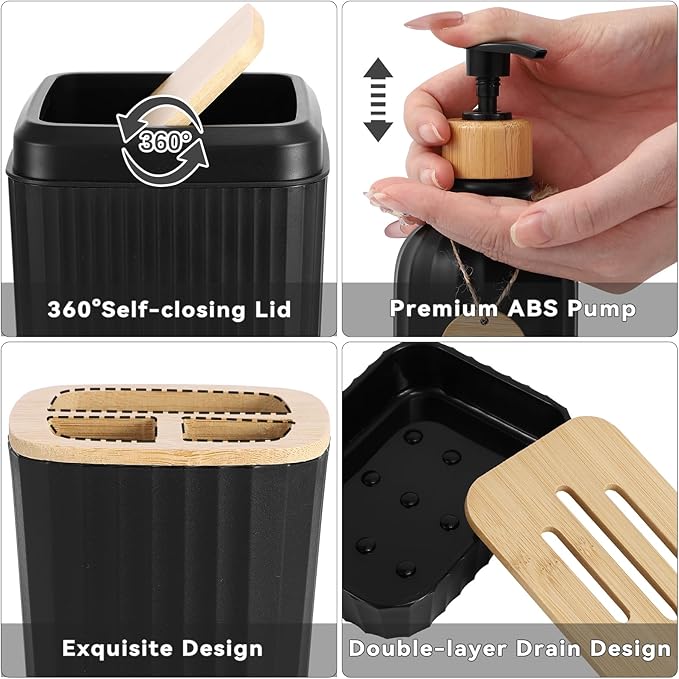 32PCS Bathroom Sets with Shower Curtain and Rugs,Bathroom Set Black Bathroom Accessories Black Shower Curtain Set with Bathroom Trash Can