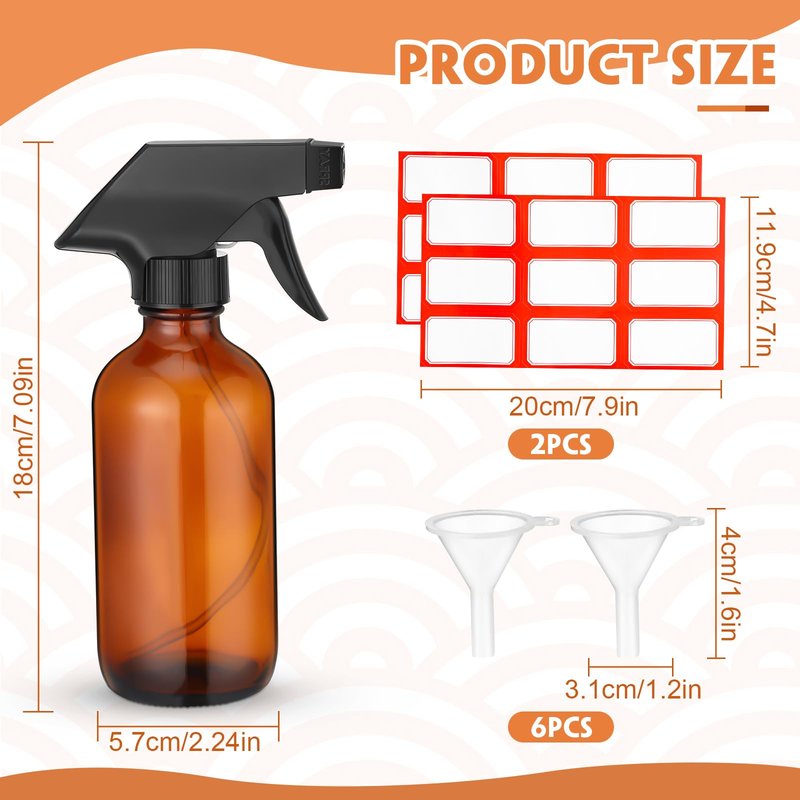 Norme 12 Pcs 8 oz Glass Spray Bottles with Funnels and Labels Refillable Cosmetic Empty Spray Bottles with Sprayer Containers for Essential Oil Cleaning Solutions(Amber,Classic)